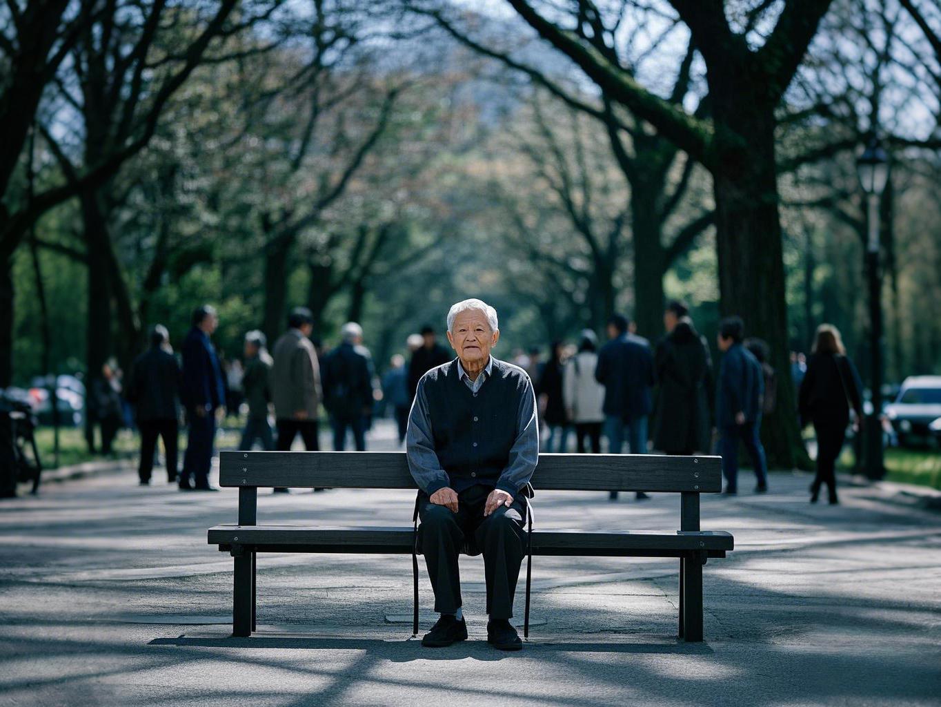 日本老龄化社会中的老人坐在凳子正视前方